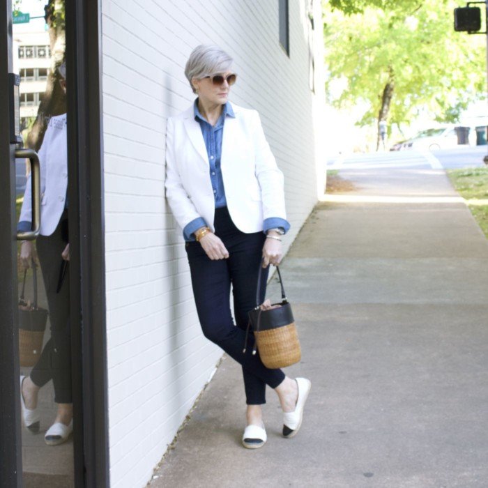 over 50 fashion blogger, ann taylor sailor denim, j.crew denim shirt, talbots white pique blazer, tory burch espadrilles, wicker bucket bag