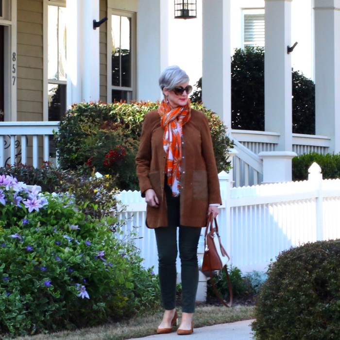 shifting into neutral with suede duster, white shirt, and green cargo pants