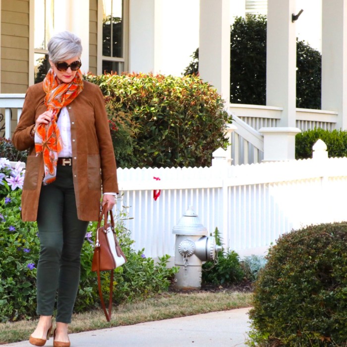 shifting into neutral with suede duster, white shirt, and green cargo pants