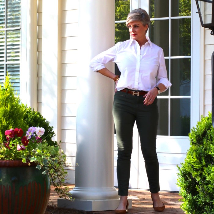 shifting into neutral with suede duster, white shirt, and green cargo pants