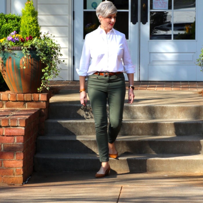 shifting into neutral with suede duster, white shirt, and green cargo pants