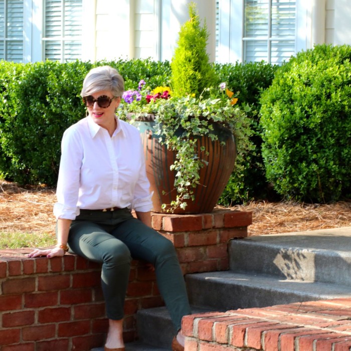 shifting into neutral with suede duster, white shirt, and green cargo pants