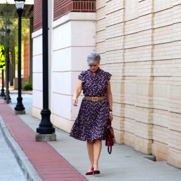 ralph lauren top, ralph lauren skirt, zara red pumps, talbots satchel handbag, anthropologie necklace