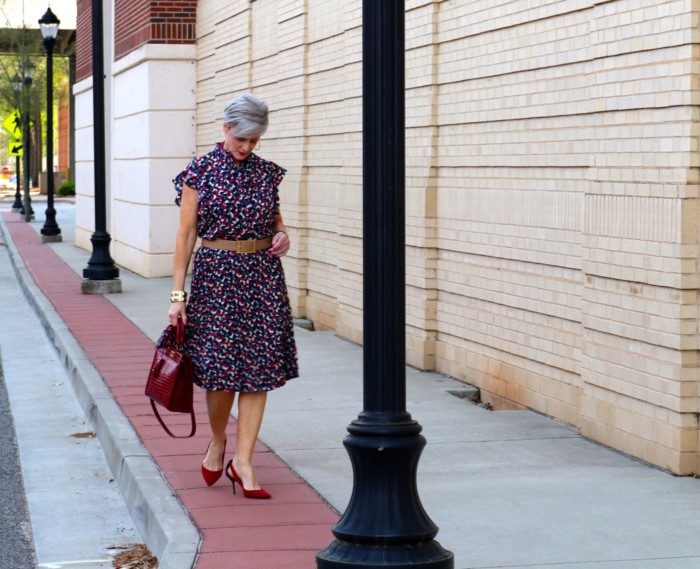 ralph lauren top, ralph lauren skirt, zara red pumps, talbots satchel handbag, anthropologie necklace