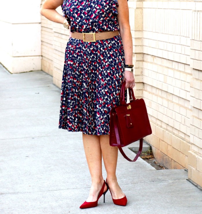ralph lauren top, ralph lauren skirt, zara red pumps, talbots satchel handbag, anthropologie necklace