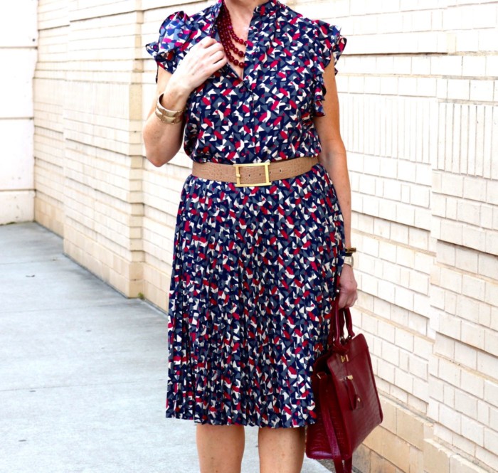 ralph lauren top, ralph lauren skirt, zara red pumps, talbots satchel handbag, anthropologie necklace