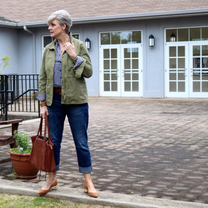 gap gingham shirt, j.crew boyfriend jeans, j.crew utility jacket, ann taylor suede pumps, leather tote, tory burch bracelets