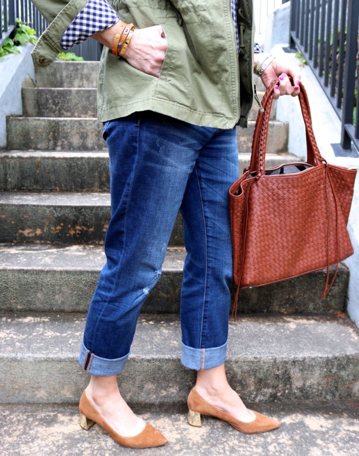 gap gingham shirt, j.crew boyfriend jeans, j.crew utility jacket, ann taylor suede pumps, leather tote, tory burch bracelets