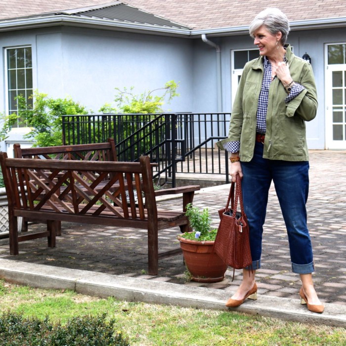 gap gingham shirt, j.crew boyfriend jeans, j.crew utility jacket, ann taylor suede pumps, leather tote, tory burch bracelets