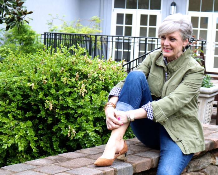 gap gingham shirt, j.crew boyfriend jeans, j.crew utility jacket, ann taylor suede pumps, leather tote, tory burch bracelets