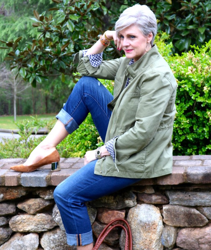 gap gingham shirt, j.crew boyfriend jeans, j.crew utility jacket, ann taylor suede pumps, leather tote, tory burch bracelets