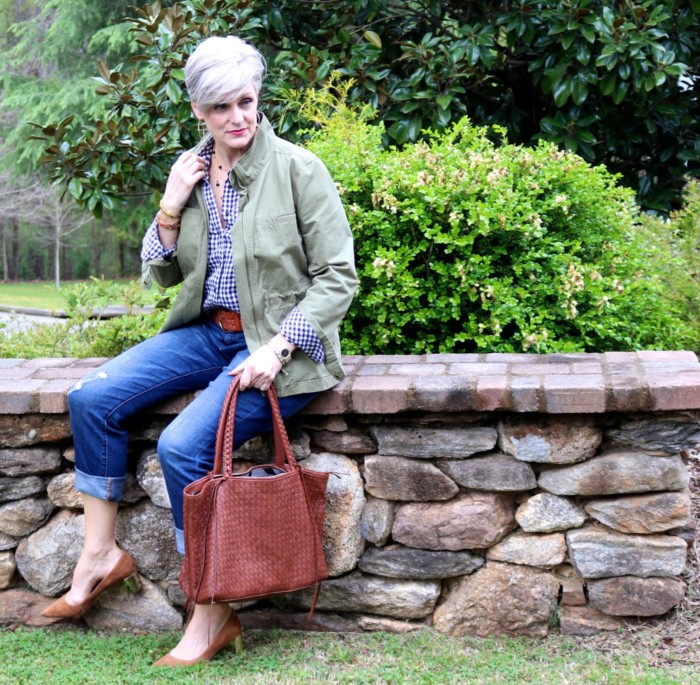 gap gingham shirt, j.crew boyfriend jeans, j.crew utility jacket, ann taylor suede pumps, leather tote, tory burch bracelets