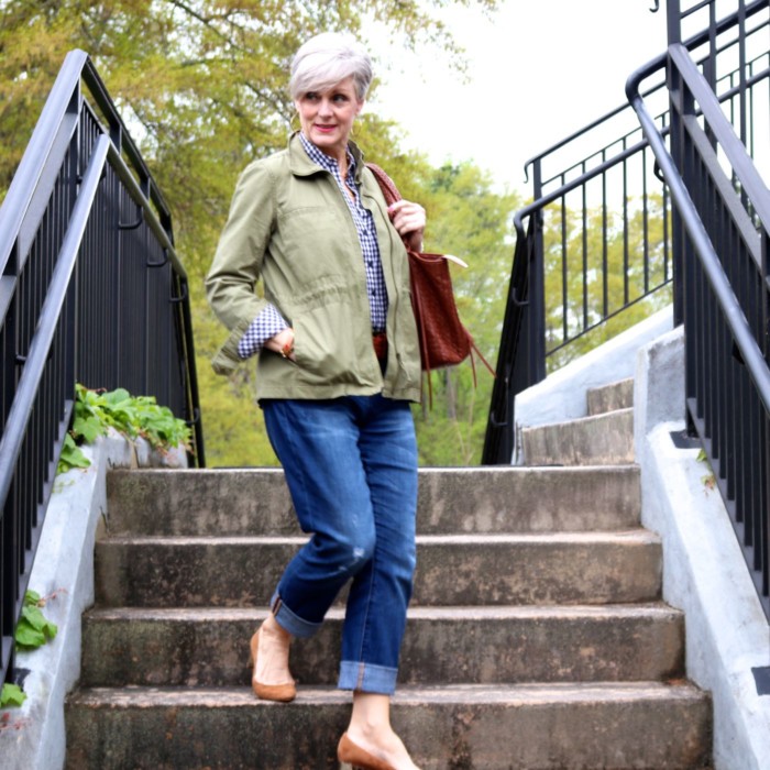 gap gingham shirt, j.crew boyfriend jeans, j.crew utility jacket, ann taylor suede pumps, leather tote, tory burch bracelets
