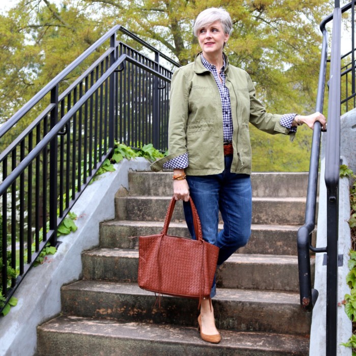 gap gingham shirt, j.crew boyfriend jeans, j.crew utility jacket, ann taylor suede pumps, leather tote, tory burch bracelets