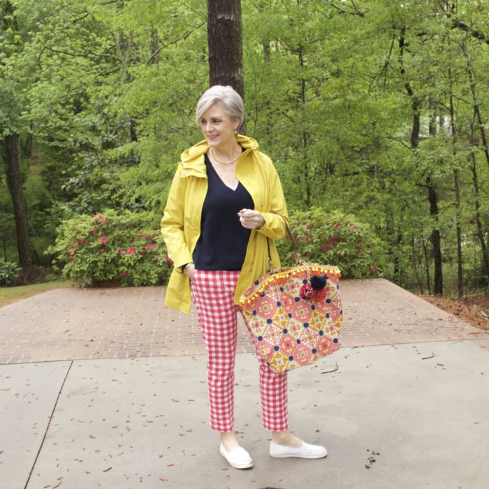 marks and spencer yellow slicker, boden gingham pants, boden cashmere sweater, sperry sneakers, trina turk tote, over 50 fashion blogger