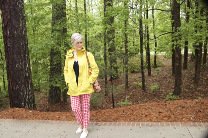 marks and spencer yellow slicker, boden gingham pants, boden cashmere sweater, sperry sneakers, trina turk tote, over 50 fashion blogger