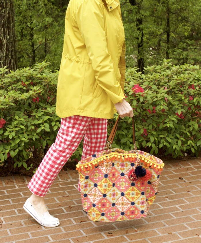 marks and spencer yellow slicker, boden gingham pants, boden cashmere sweater, sperry sneakers, trina turk tote, over 50 fashion blogger