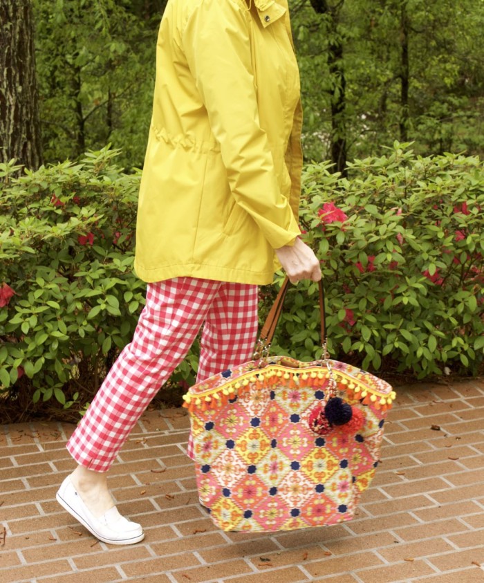 marks and spencer yellow slicker, boden gingham pants, boden cashmere sweater, sperry sneakers, trina turk tote, over 50 fashion blogger