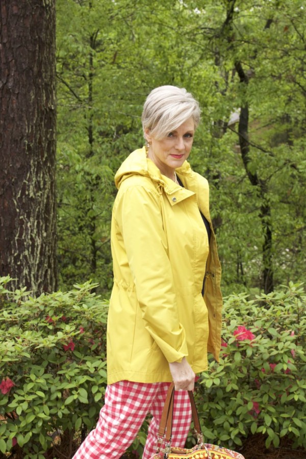 marks and spencer yellow slicker, boden gingham pants, boden cashmere sweater, sperry sneakers, trina turk tote, over 50 fashion blogger
