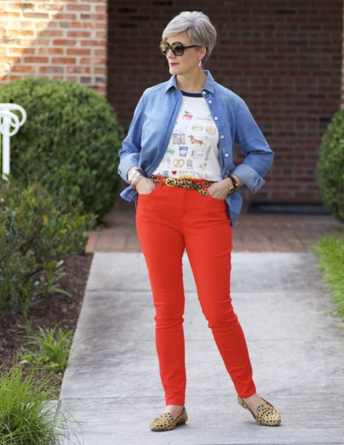 leapin' leopard, red denim, beth djalali, style at a certain age