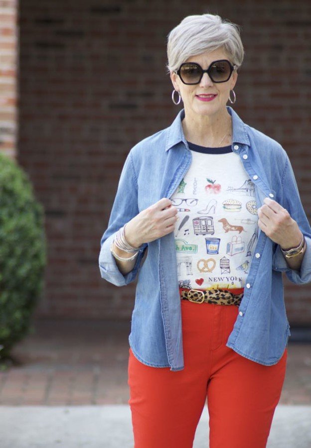 leapin' leopard, red denim, beth djalali, style at a certain age