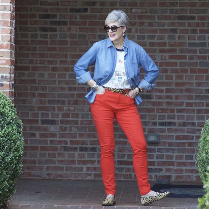 leapin' leopard, red denim, beth djalali, style at a certain age