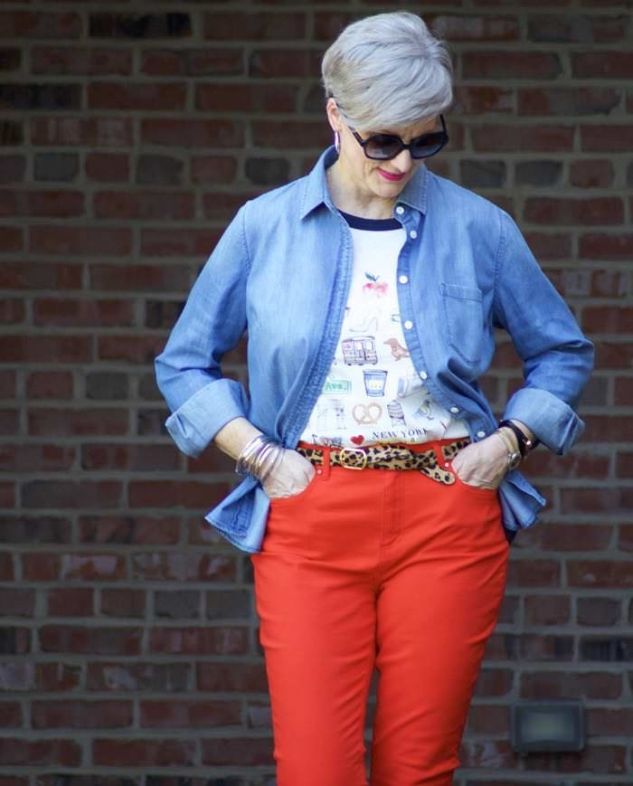 leapin' leopard, red denim, beth djalali, style at a certain age