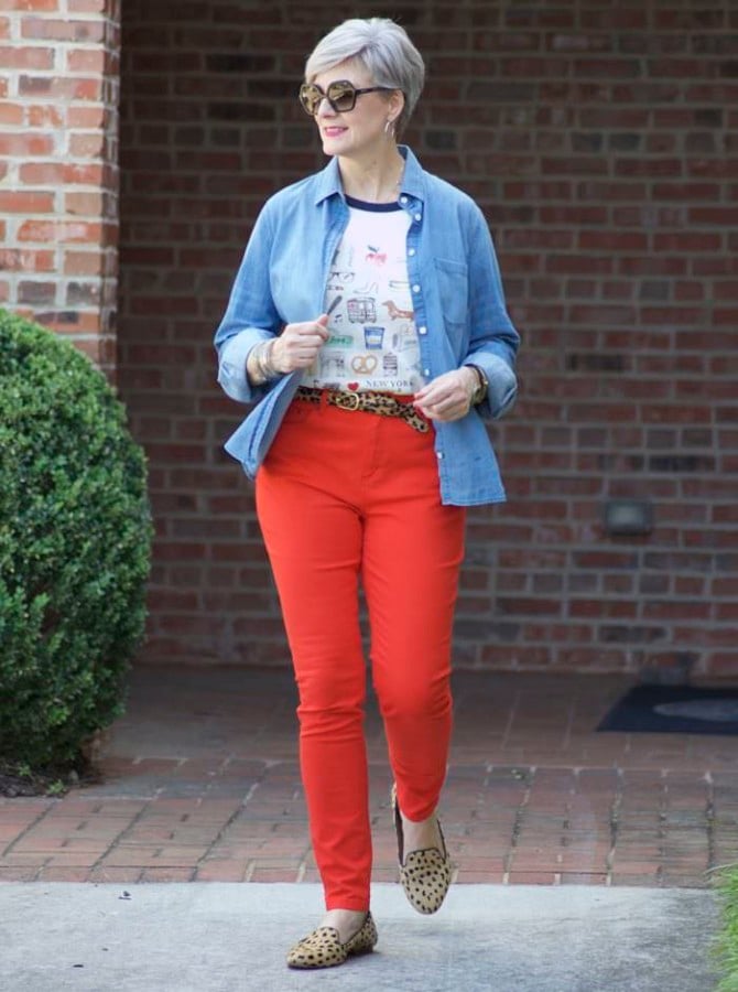 leapin' leopard, red denim, beth djalali, style at a certain age