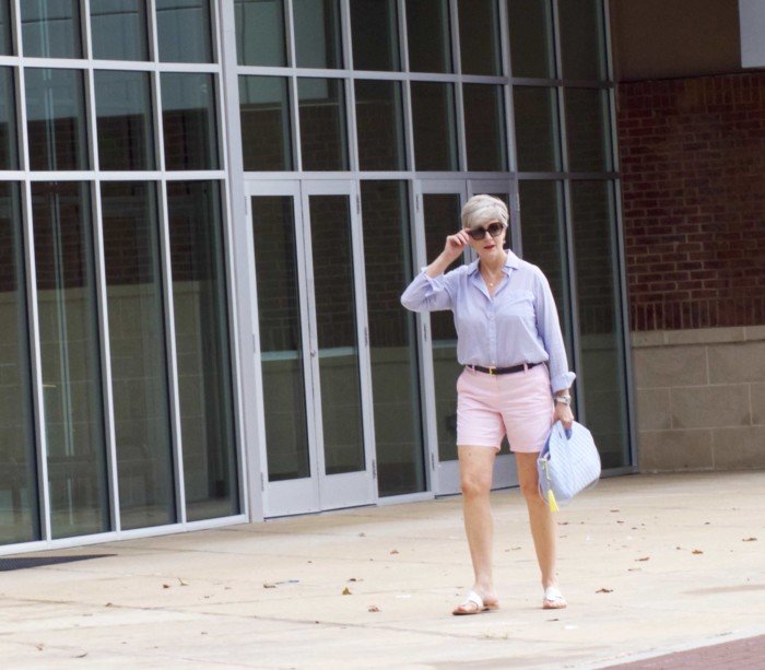 j.crew shorts, ralph lauren striped shirt, jack rogers sandals, o bag