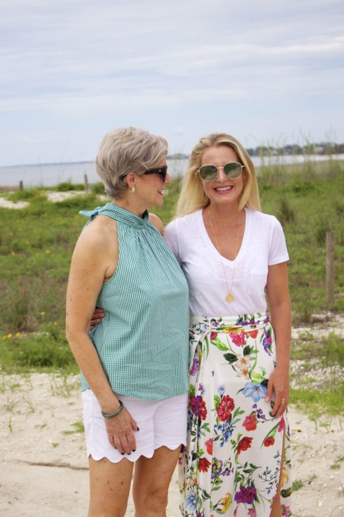 floral maxi skirt, white tee, gingham top, scalloped shorts, beaches