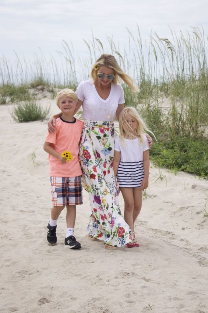 floral maxi skirt, white tee, gingham top, scalloped shorts, beaches