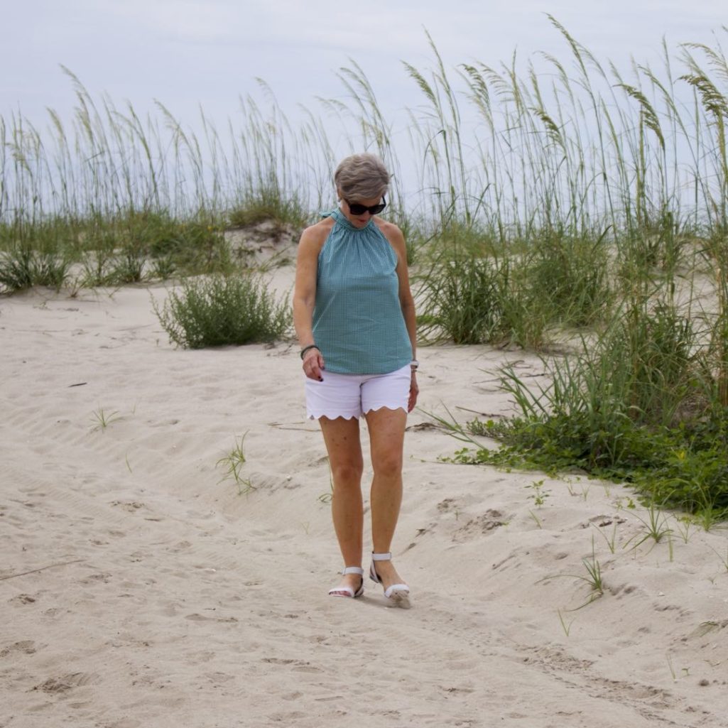 floral maxi skirt, white tee, gingham top, scalloped shorts, beaches