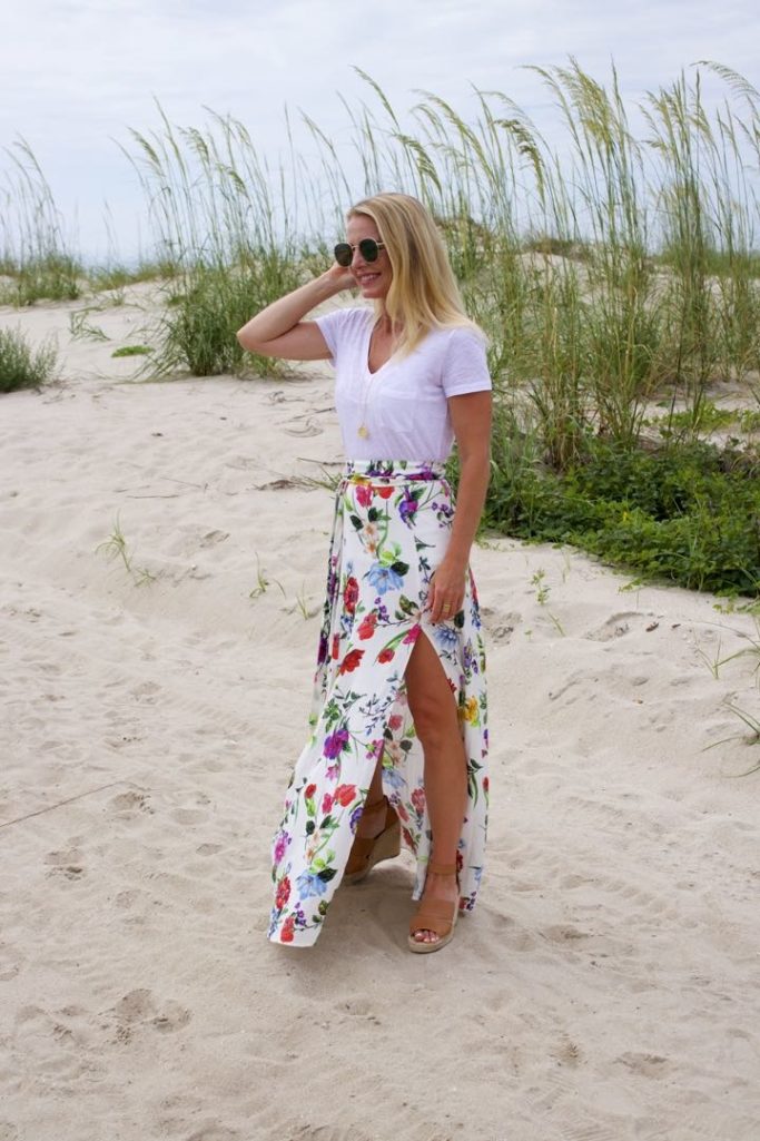 floral maxi skirt, white tee, gingham top, scalloped shorts, beaches