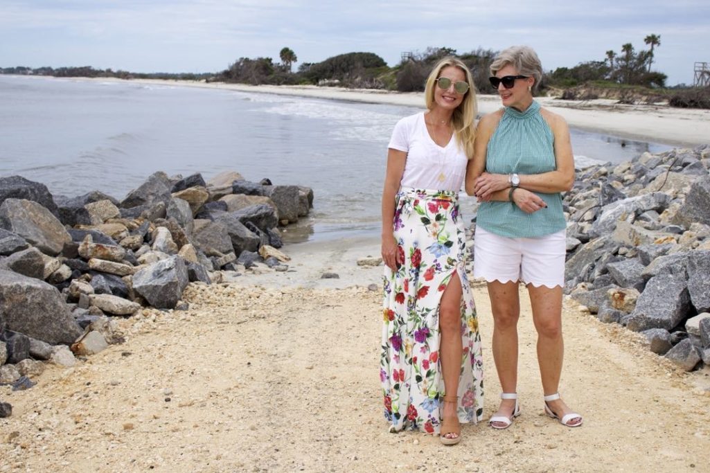 floral maxi skirt, white tee, gingham top, scalloped shorts, beaches