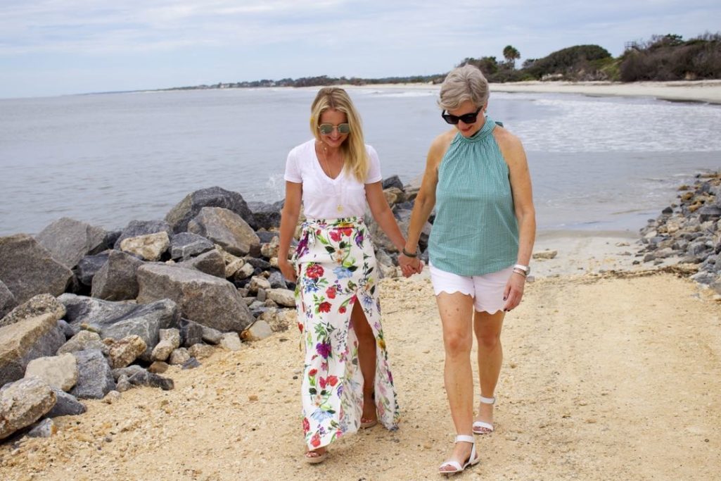 floral maxi skirt, white tee, gingham top, scalloped shorts, beaches