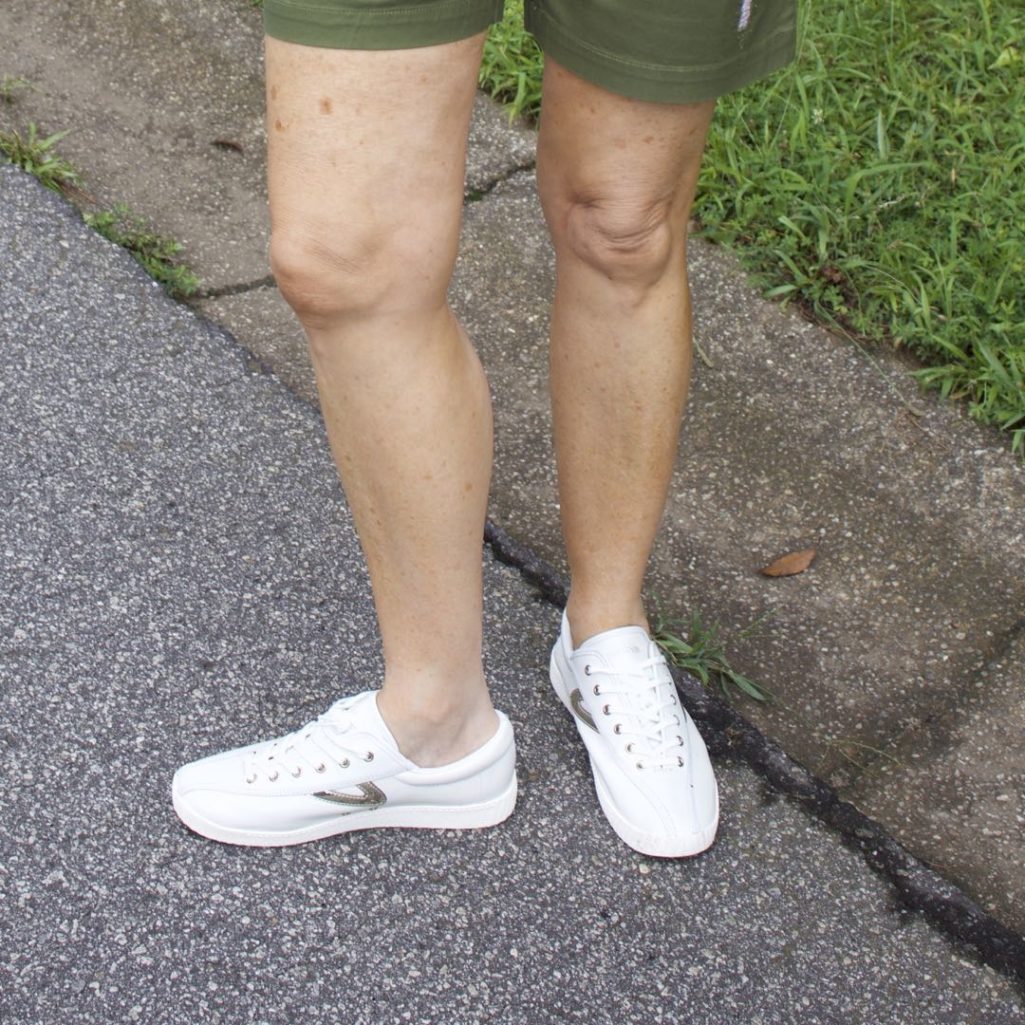 talbots distressed shorts, j.crew graphic tee, tretorn sneakers