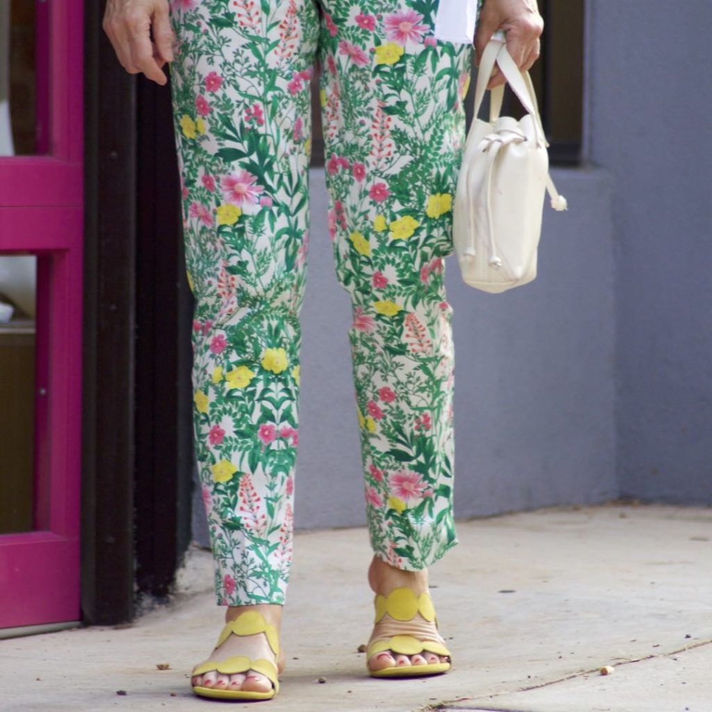 talbots floral pants, white blouse, boden yellow sandals
