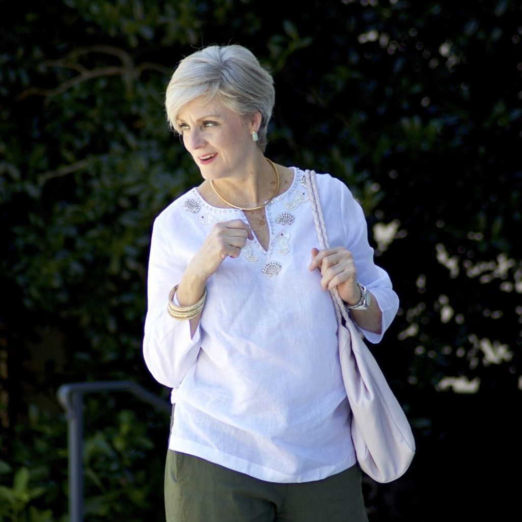 talbots linen tunic, theory linen pants, kate spade sandals, hanner clarke handbag