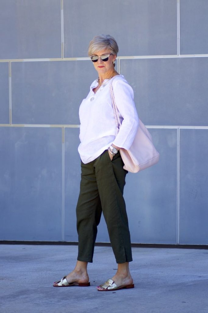 talbots linen tunic, theory linen pants, kate spade sandals, hanner clarke handbag