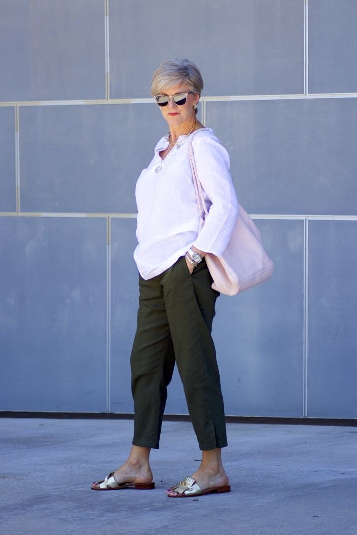 talbots linen tunic, theory linen pants, kate spade sandals, hanner clarke handbag