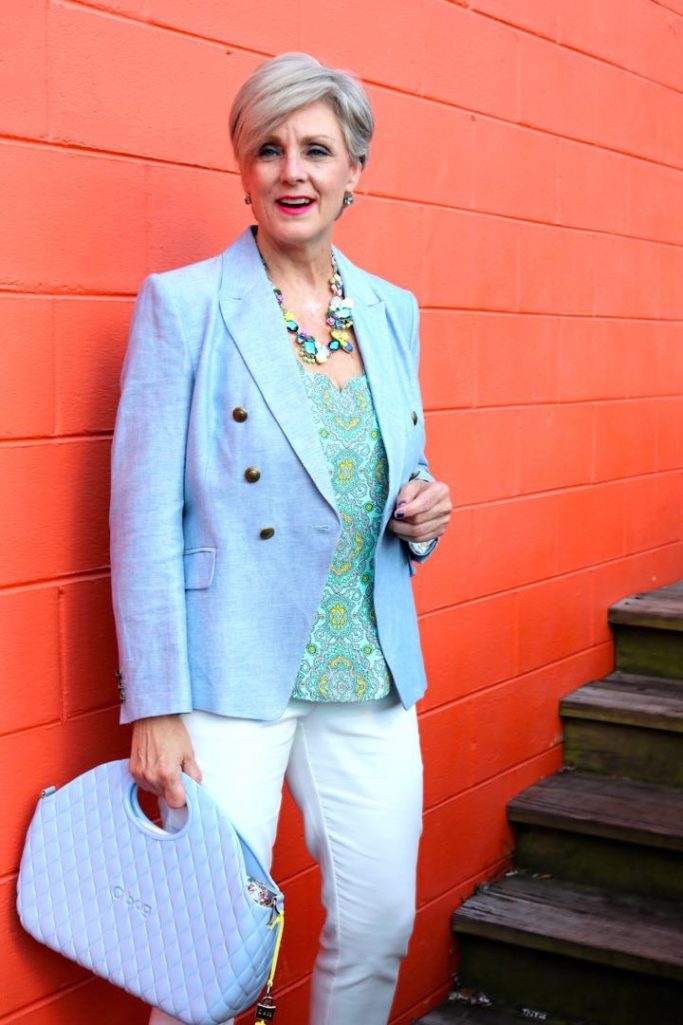 paisley top, linen blazer, white pants