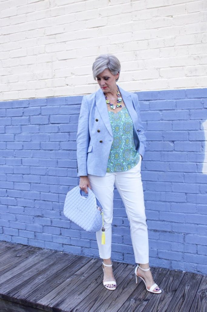 paisley top, linen blazer, white pants