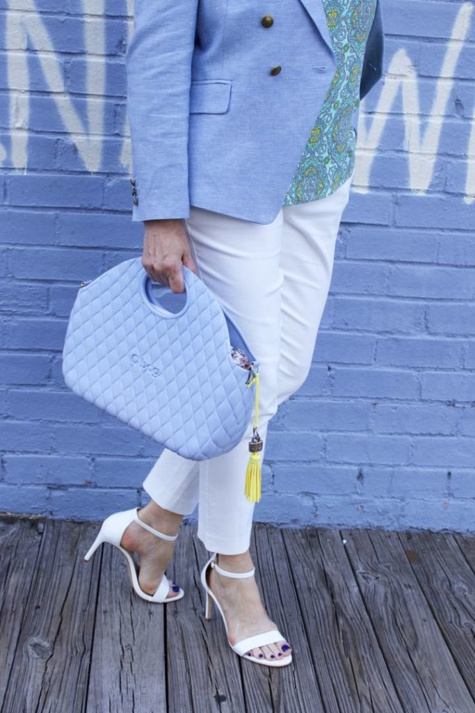 paisley top, linen blazer, white pants