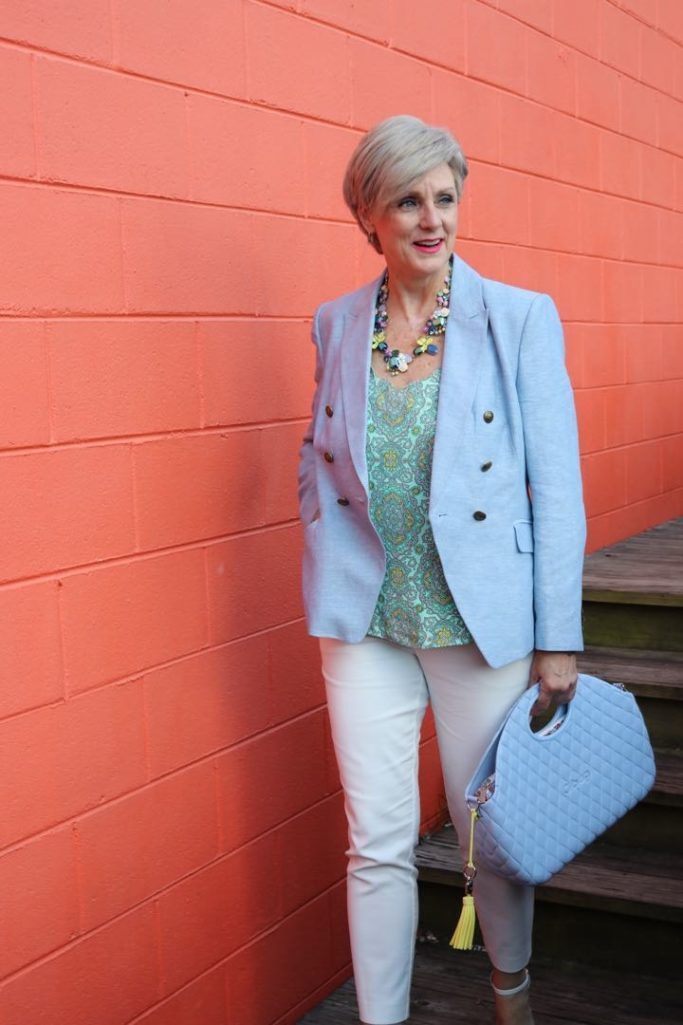 paisley top, linen blazer, white pants