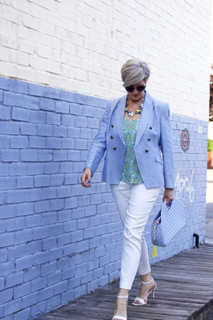 paisley top, linen blazer, white pants