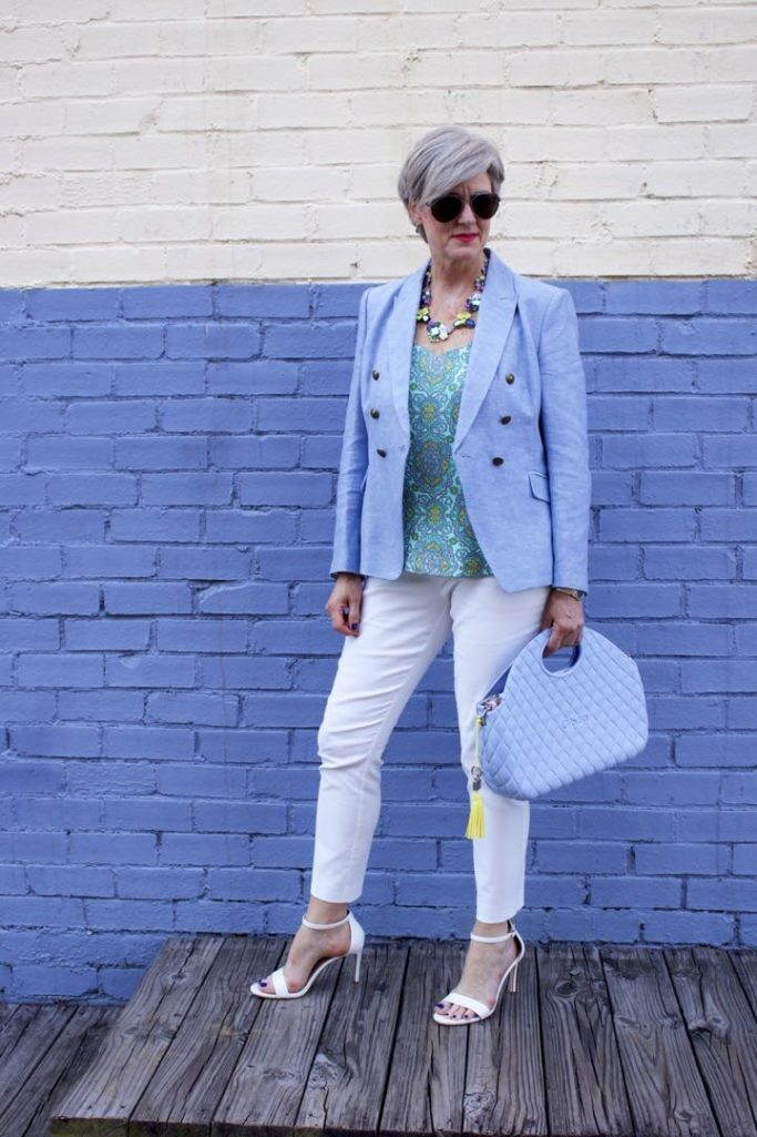 paisley top, linen blazer, white pants