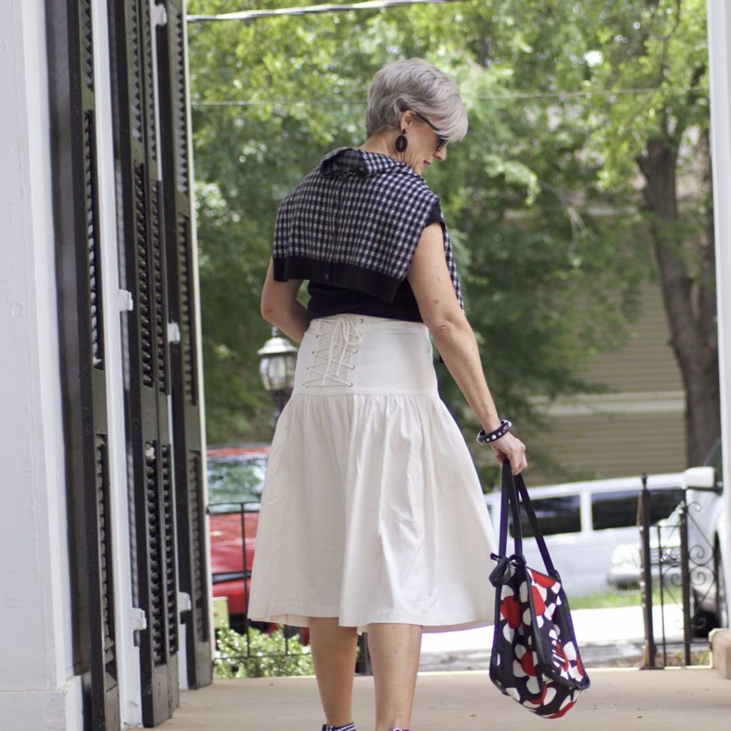 ann taylor skirt, black tee, gingham sandals, marc jacobs tote, j.crew cardigan