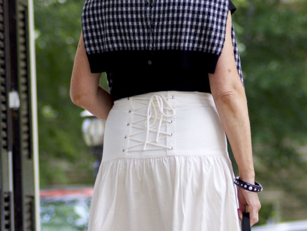 ann taylor skirt, black tee, gingham sandals, marc jacobs tote, j.crew cardigan