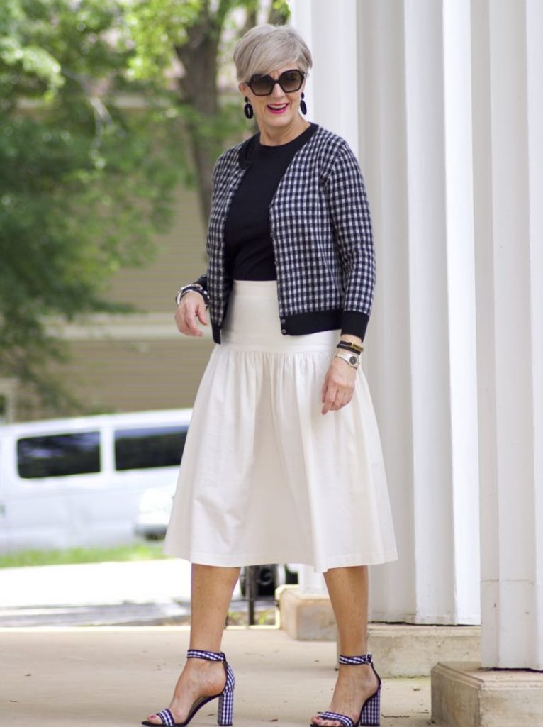 ann taylor skirt, black tee, gingham sandals, marc jacobs tote, j.crew cardigan