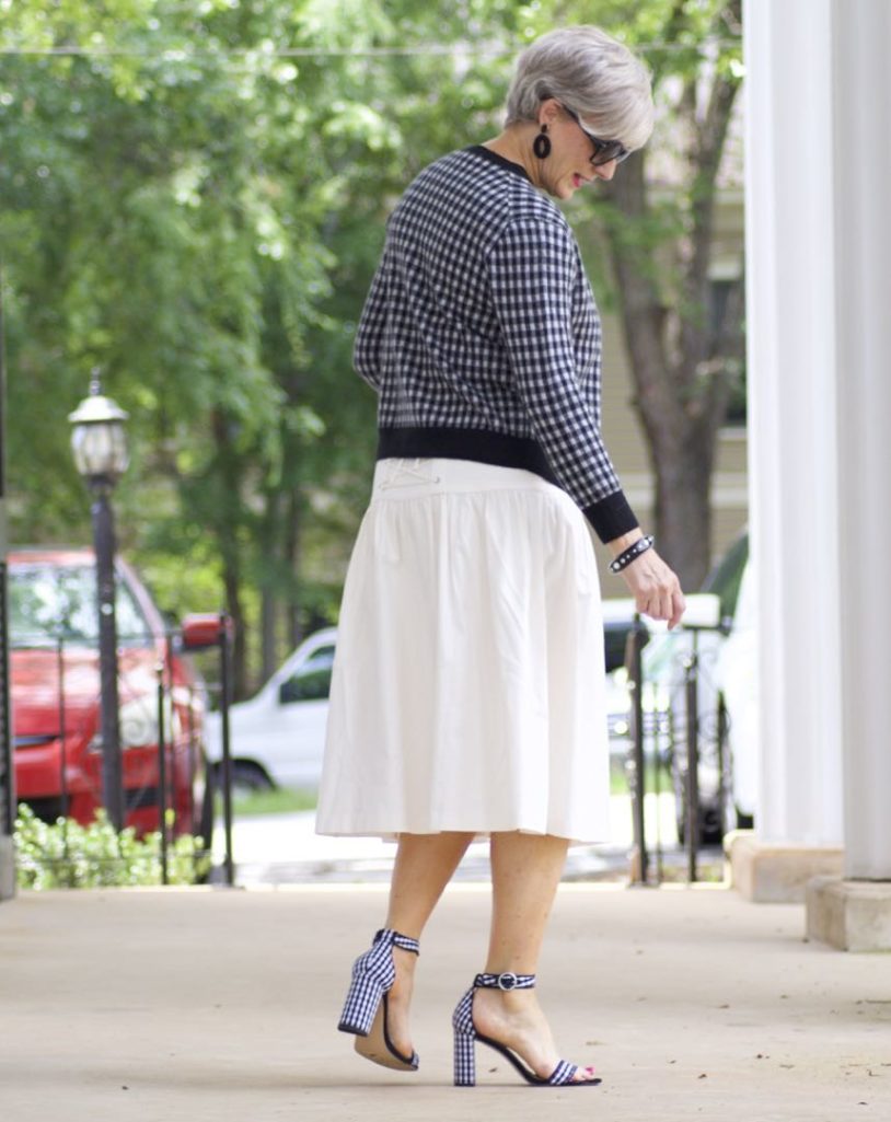 ann taylor skirt, black tee, gingham sandals, marc jacobs tote, j.crew cardigan